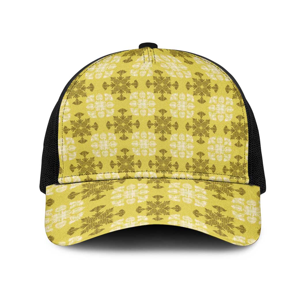 Yellow Hawaiian Quilt Mesh Trucker Cap Hawaii Pineapple Monstera Palaka Motifs - Polynesian Pride
