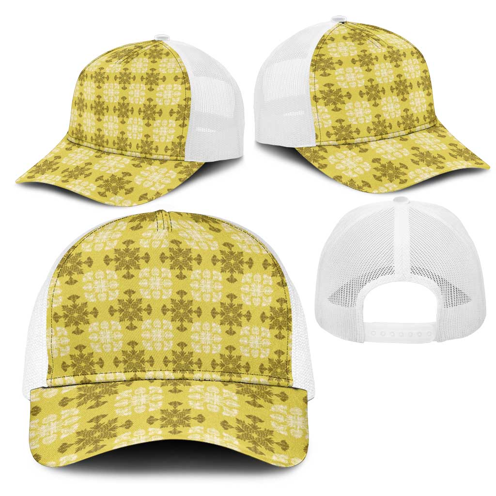 Yellow Hawaiian Quilt Mesh Trucker Cap Hawaii Pineapple Monstera Palaka Motifs - Polynesian Pride
