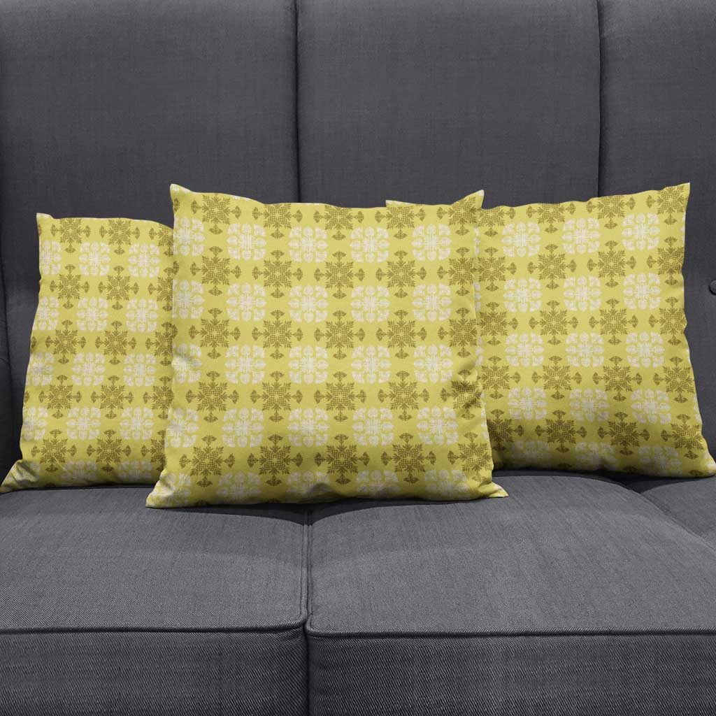 Yellow Hawaiian Quilt Pillow Cover Hawaii Pineapple Monstera Palaka Motifs - Polynesian Pride