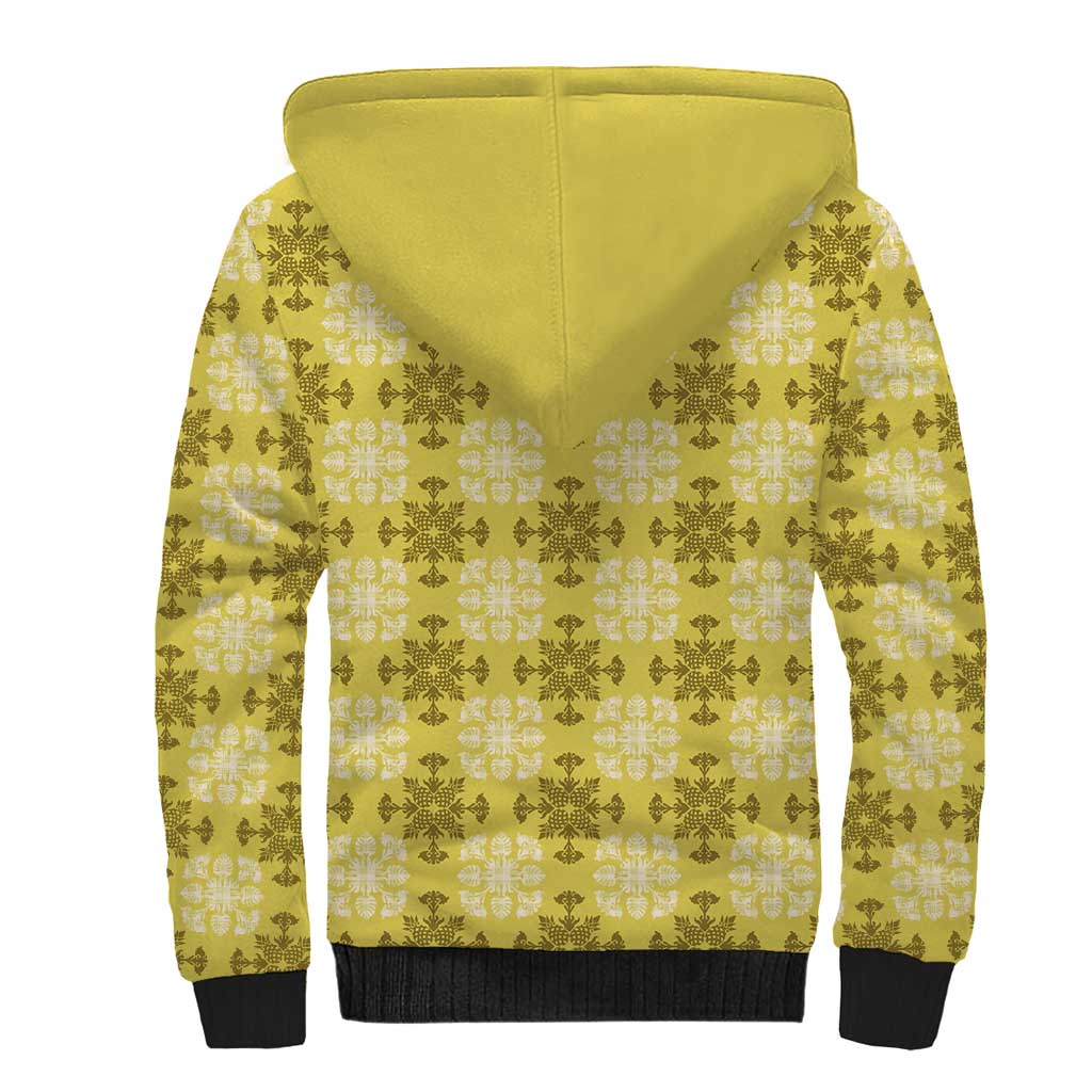 Yellow Hawaiian Quilt Sherpa Hoodie Hawaii Pineapple Monstera Palaka Motifs LT14 - Polynesian Pride