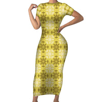 Yellow Hawaiian Quilt Short Sleeve Bodycon Dress Hawaii Pineapple Monstera Palaka Motifs LT14 Long Dress Yellow - Polynesian Pride