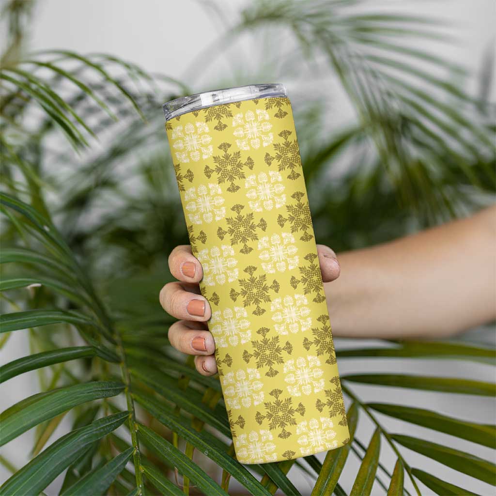 Yellow Hawaiian Quilt Skinny Tumbler Hawaii Pineapple Monstera Palaka Motifs LT14 - Polynesian Pride