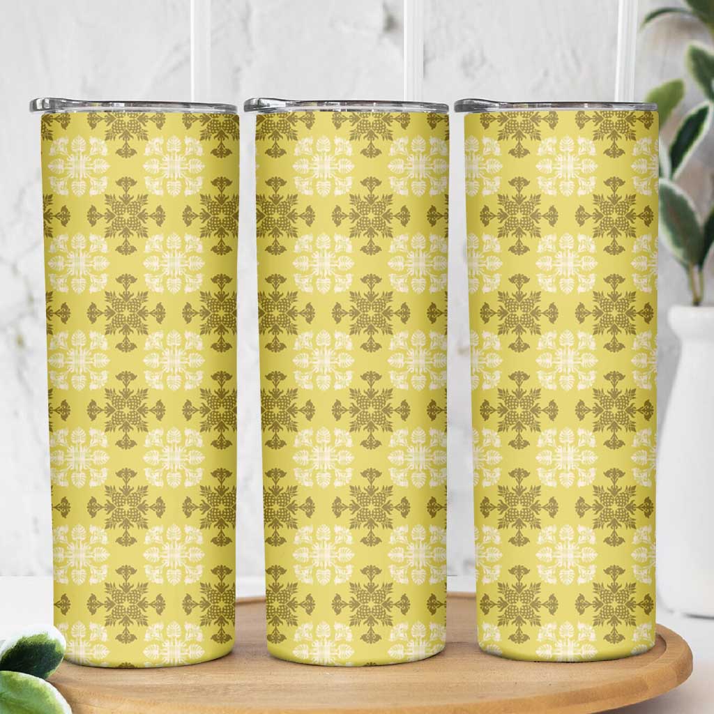 Yellow Hawaiian Quilt Skinny Tumbler Hawaii Pineapple Monstera Palaka Motifs LT14 - Polynesian Pride