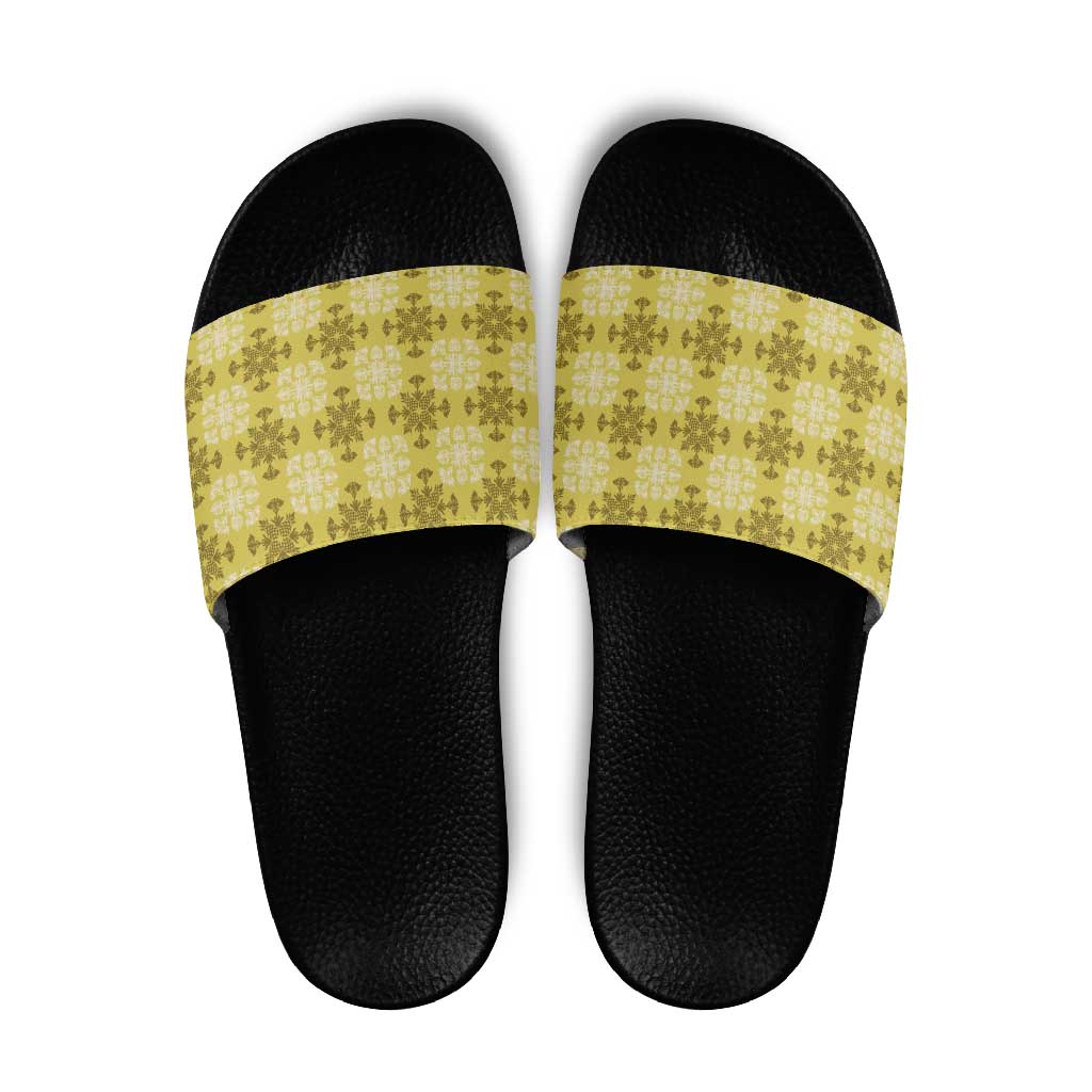 Yellow Hawaiian Quilt Slide Sandals Hawaii Pineapple Monstera Palaka Motifs - Polynesian Pride