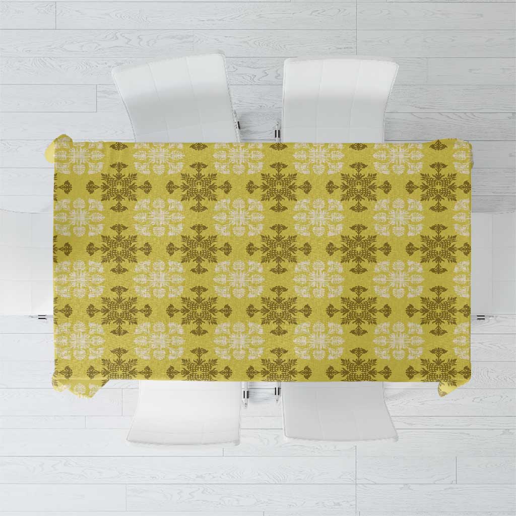 Yellow Hawaiian Quilt Tablecloth Hawaii Pineapple Monstera Palaka Motifs - Polynesian Pride