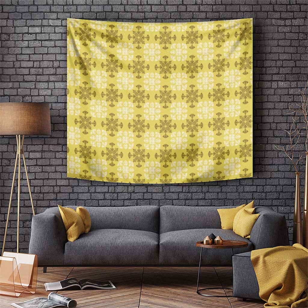 Yellow Hawaiian Quilt Tapestry Hawaii Pineapple Monstera Palaka Motifs - Polynesian Pride