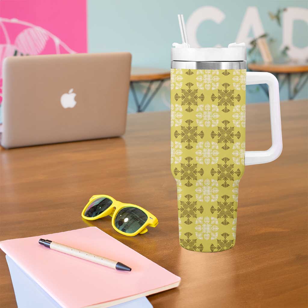 Yellow Hawaiian Quilt Tumbler With Handle Hawaii Pineapple Monstera Palaka Motifs - Polynesian Pride