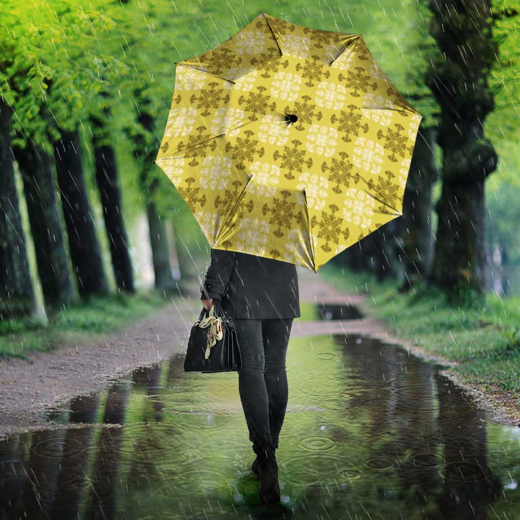 Yellow Hawaiian Quilt Umbrella Hawaii Pineapple Monstera Palaka Motifs - Polynesian Pride