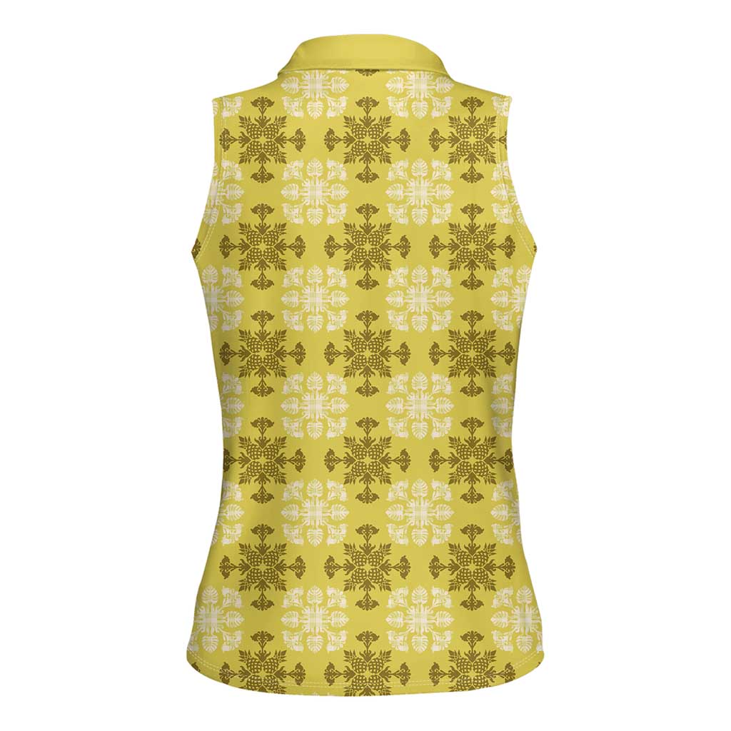 Yellow Hawaiian Quilt Women Sleeveless Polo Shirt Hawaii Pineapple Monstera Palaka Motifs LT14 - Polynesian Pride