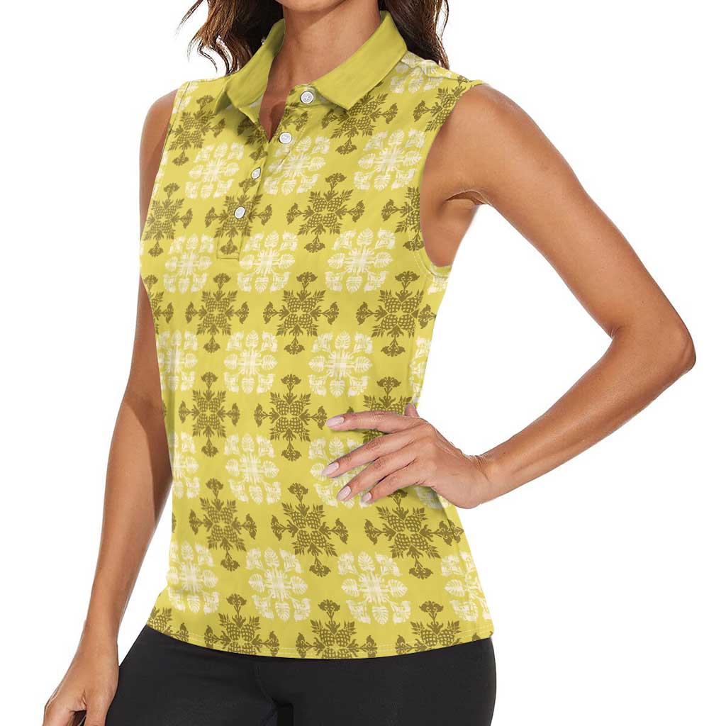 Yellow Hawaiian Quilt Women Sleeveless Polo Shirt Hawaii Pineapple Monstera Palaka Motifs LT14 - Polynesian Pride