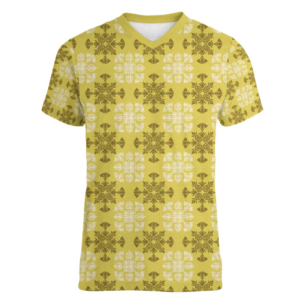 Yellow Hawaiian Quilt Women V-Neck T-Shirt Hawaii Pineapple Monstera Palaka Motifs LT14 Female Yellow - Polynesian Pride