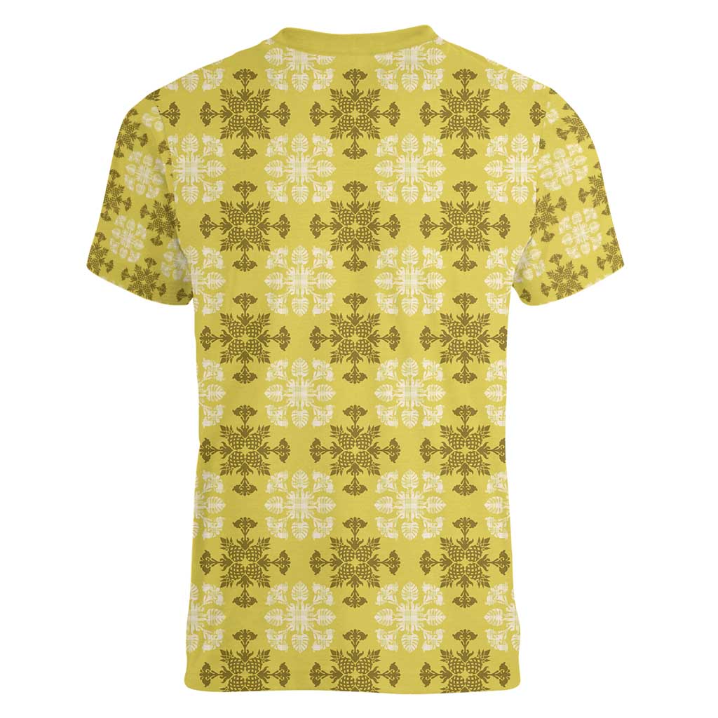 Yellow Hawaiian Quilt Women V-Neck T-Shirt Hawaii Pineapple Monstera Palaka Motifs LT14 - Polynesian Pride