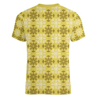Yellow Hawaiian Quilt Women V-Neck T-Shirt Hawaii Pineapple Monstera Palaka Motifs LT14 - Polynesian Pride