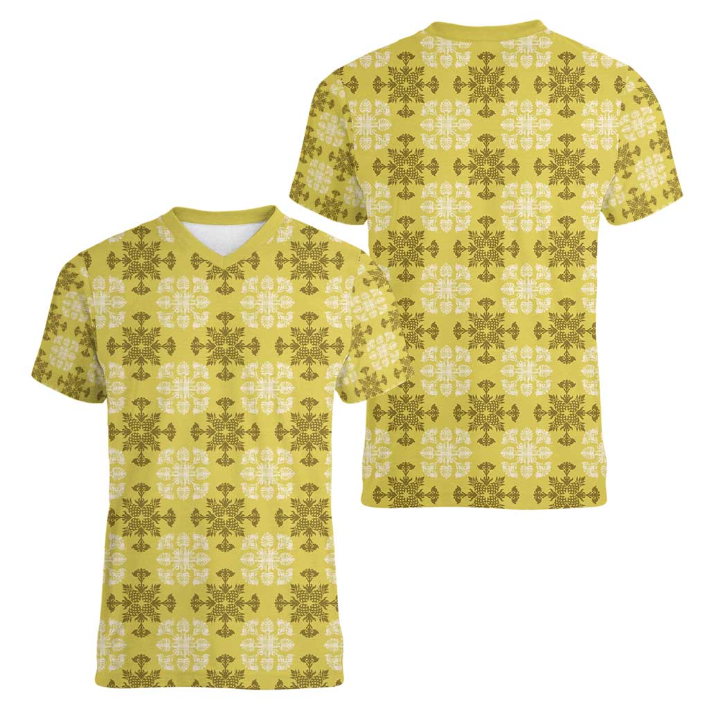Yellow Hawaiian Quilt Women V-Neck T-Shirt Hawaii Pineapple Monstera Palaka Motifs LT14 - Polynesian Pride