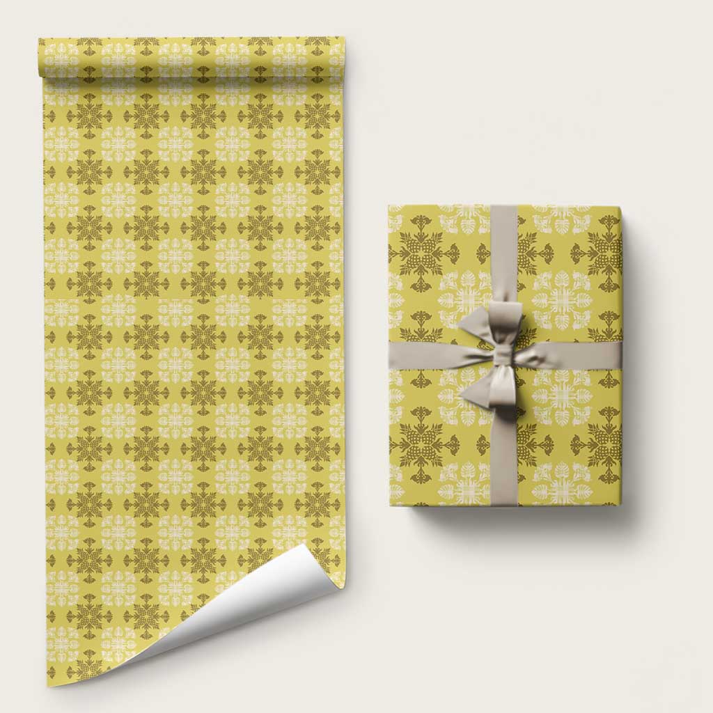 Yellow Hawaiian Quilt Wrapping Paper Hawaii Pineapple Monstera Palaka Motifs LT14 58" × 23" Yellow - Polynesian Pride