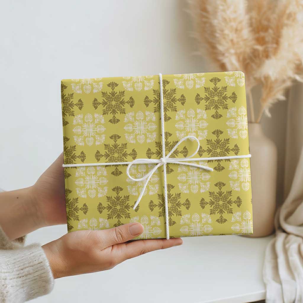 Yellow Hawaiian Quilt Wrapping Paper Hawaii Pineapple Monstera Palaka Motifs LT14 - Polynesian Pride