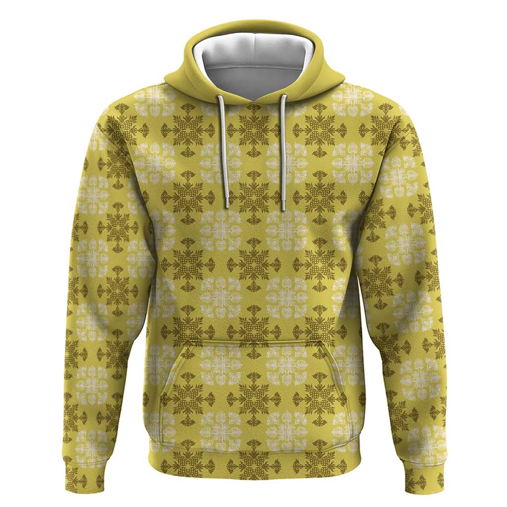 Yellow Hawaiian Quilt Zip Hoodie Hawaii Pineapple Monstera Palaka Motifs - Polynesian Pride