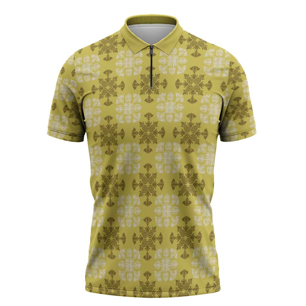 Yellow Hawaiian Quilt Zipper Polo Shirt Hawaii Pineapple Monstera Palaka Motifs LT14 Yellow - Polynesian Pride