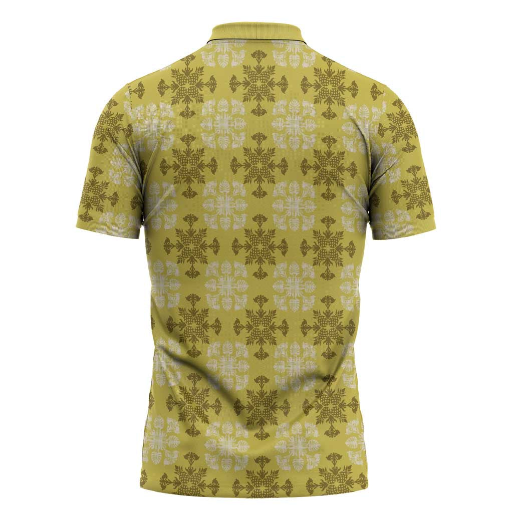 Yellow Hawaiian Quilt Zipper Polo Shirt Hawaii Pineapple Monstera Palaka Motifs LT14 - Polynesian Pride