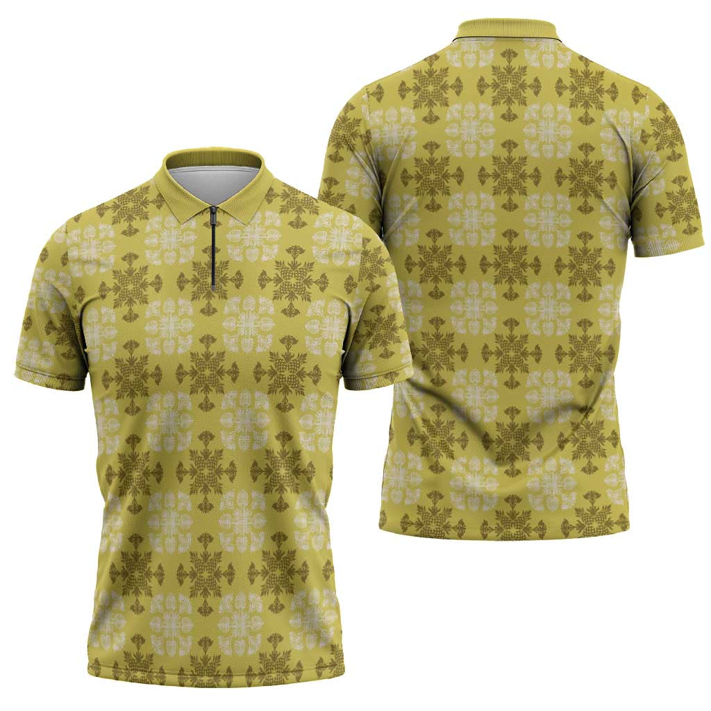 Yellow Hawaiian Quilt Zipper Polo Shirt Hawaii Pineapple Monstera Palaka Motifs LT14 - Polynesian Pride