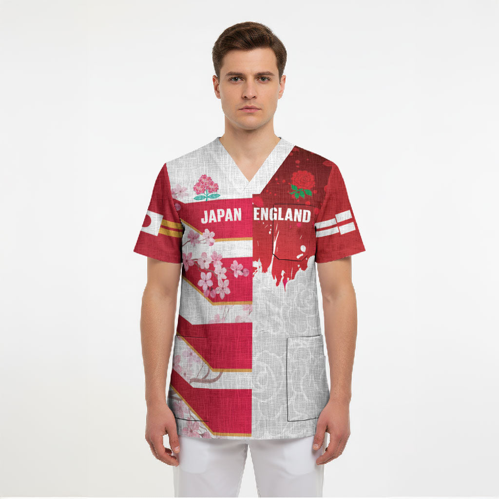 Japan and England Rugby Custom Scrub Top Brave Blossoms Red Roses Together LT14 - Polynesian Pride