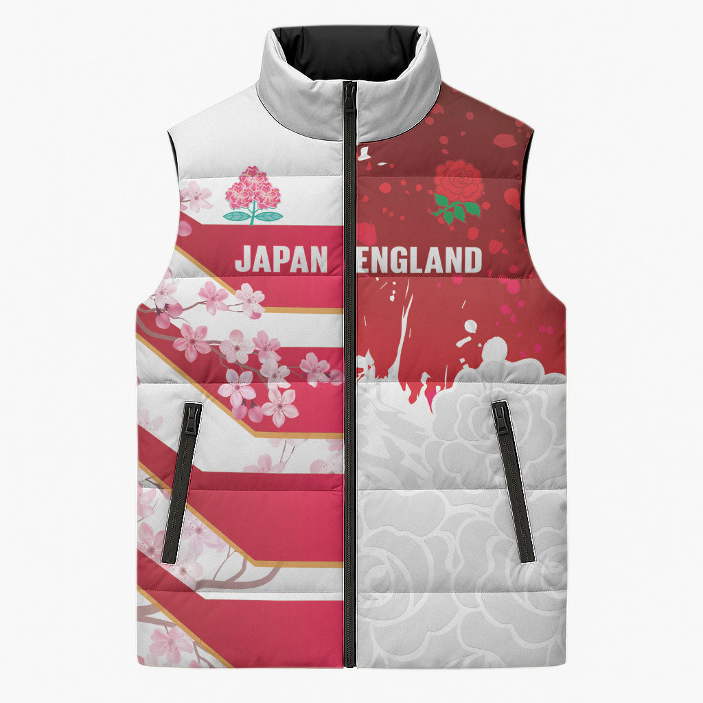 Japan and England Rugby Custom Sleeveless Puffer Jacket Brave Blossoms Red Roses Together LT14 Unisex Red - Polynesian Pride