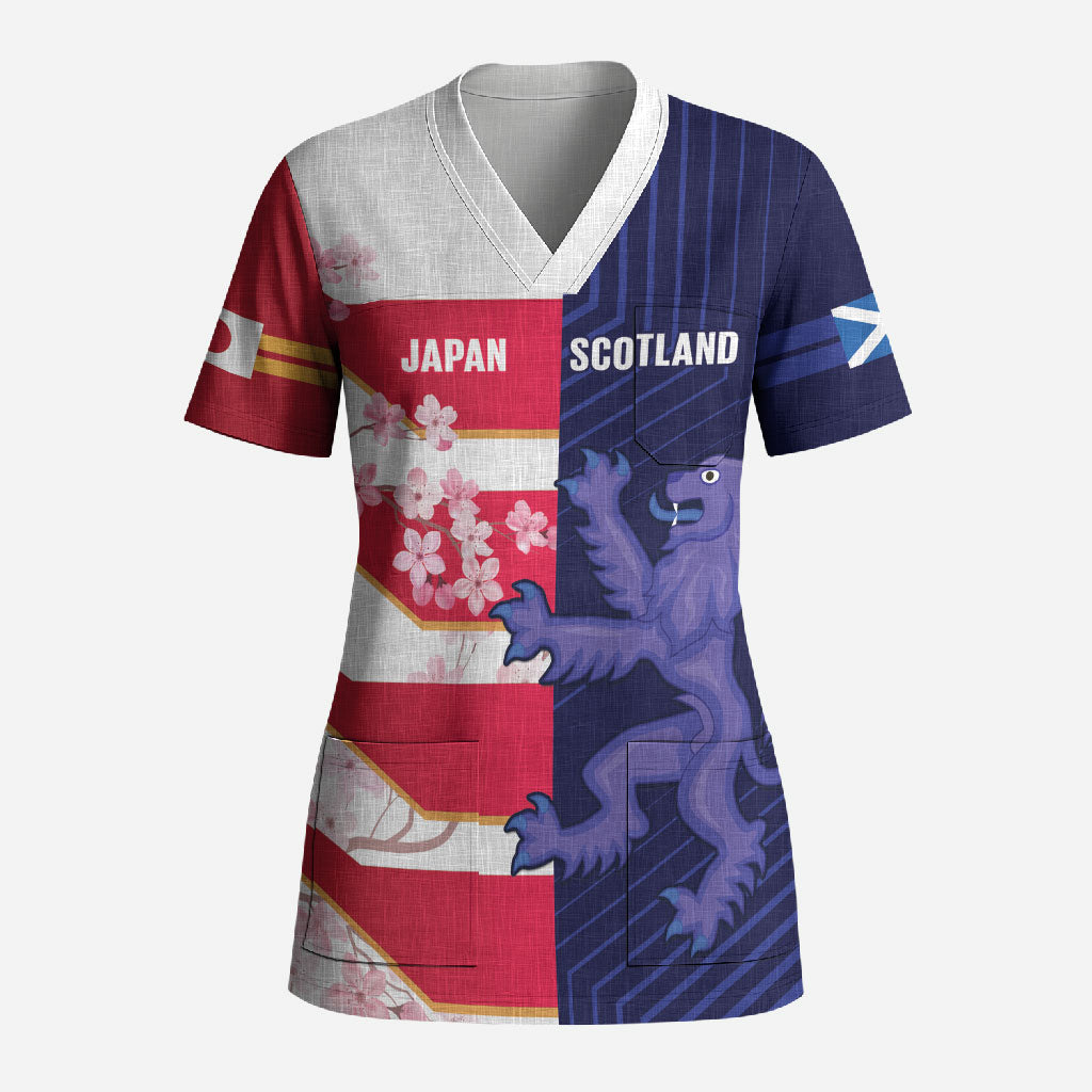 Japan and Scotland Rugby Custom Scrub Top Brave Blossoms Scottish Thistle Together LT14 Adult Multicolor - Polynesian Pride