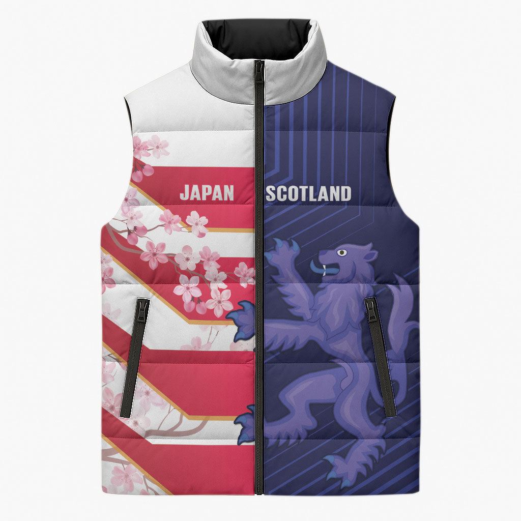 Japan and Scotland Rugby Custom Sleeveless Puffer Jacket Brave Blossoms Scottish Thistle Together LT14 Unisex Multicolor - Polynesian Pride