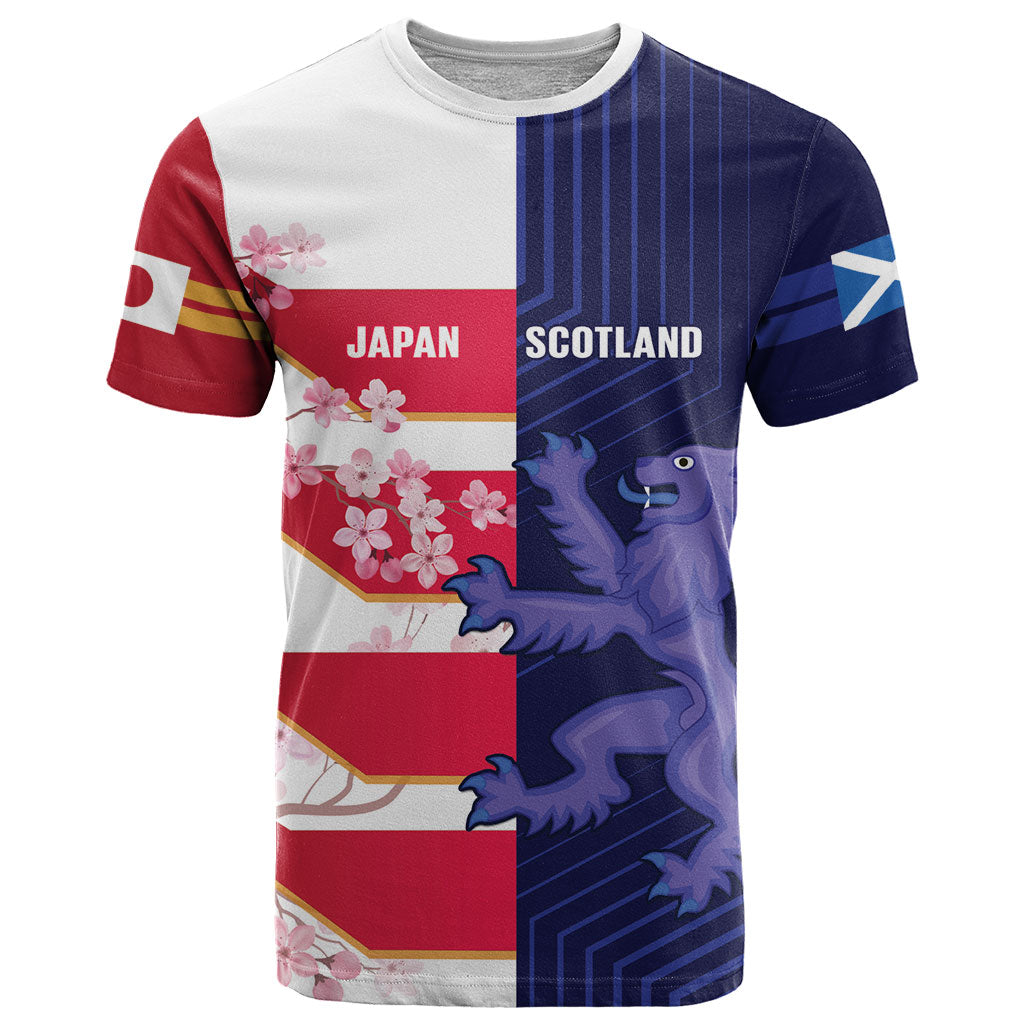 Japan and Scotland Rugby Custom T Shirt Brave Blossoms Scottish Thistle Together LT14 Multicolor - Polynesian Pride
