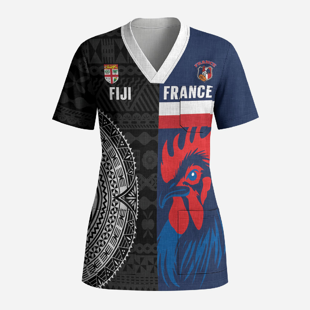 Fiji and France Rugby Custom Scrub Top Flying Fijian Les Bleus Together LT14 Adult Multicolor - Polynesian Pride