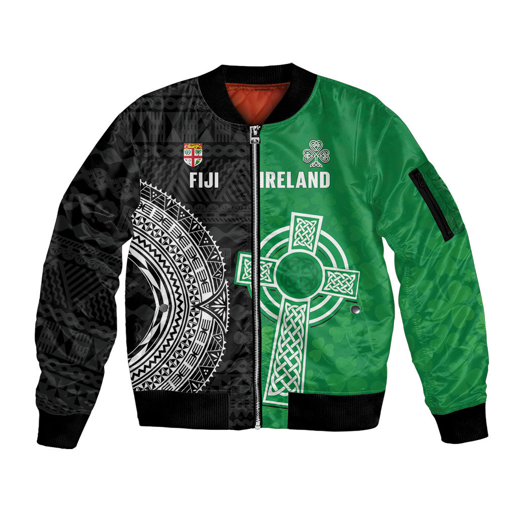 Fiji and Ireland Rugby Custom Sleeve Zip Bomber Jacket Flying Fijian Irish Shamrocks Together LT14 Unisex Multicolor - Polynesian Pride