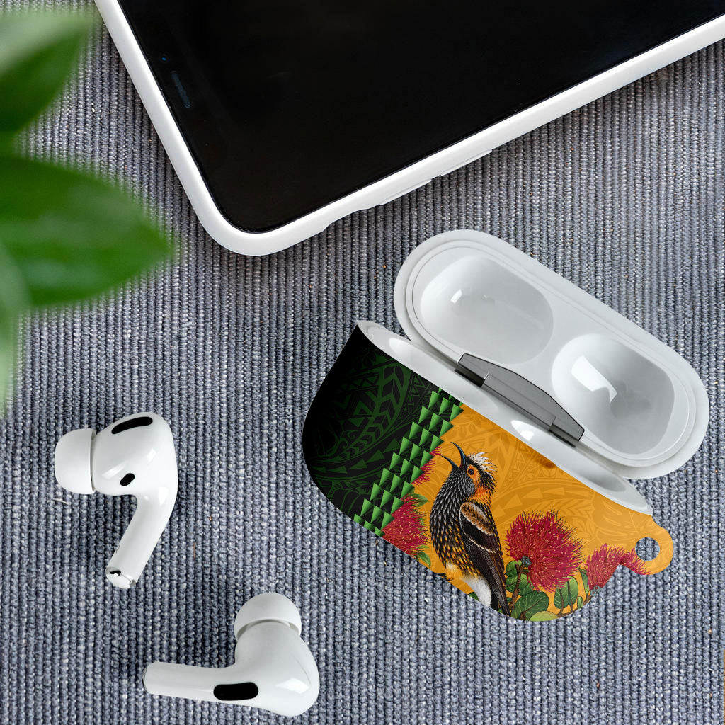 Personalized Hawaii Akohekohe Ohia Lehua AirPods Case Crested Honeycreeper Kakau Hawaiian Pattern LT14 - Polynesian Pride