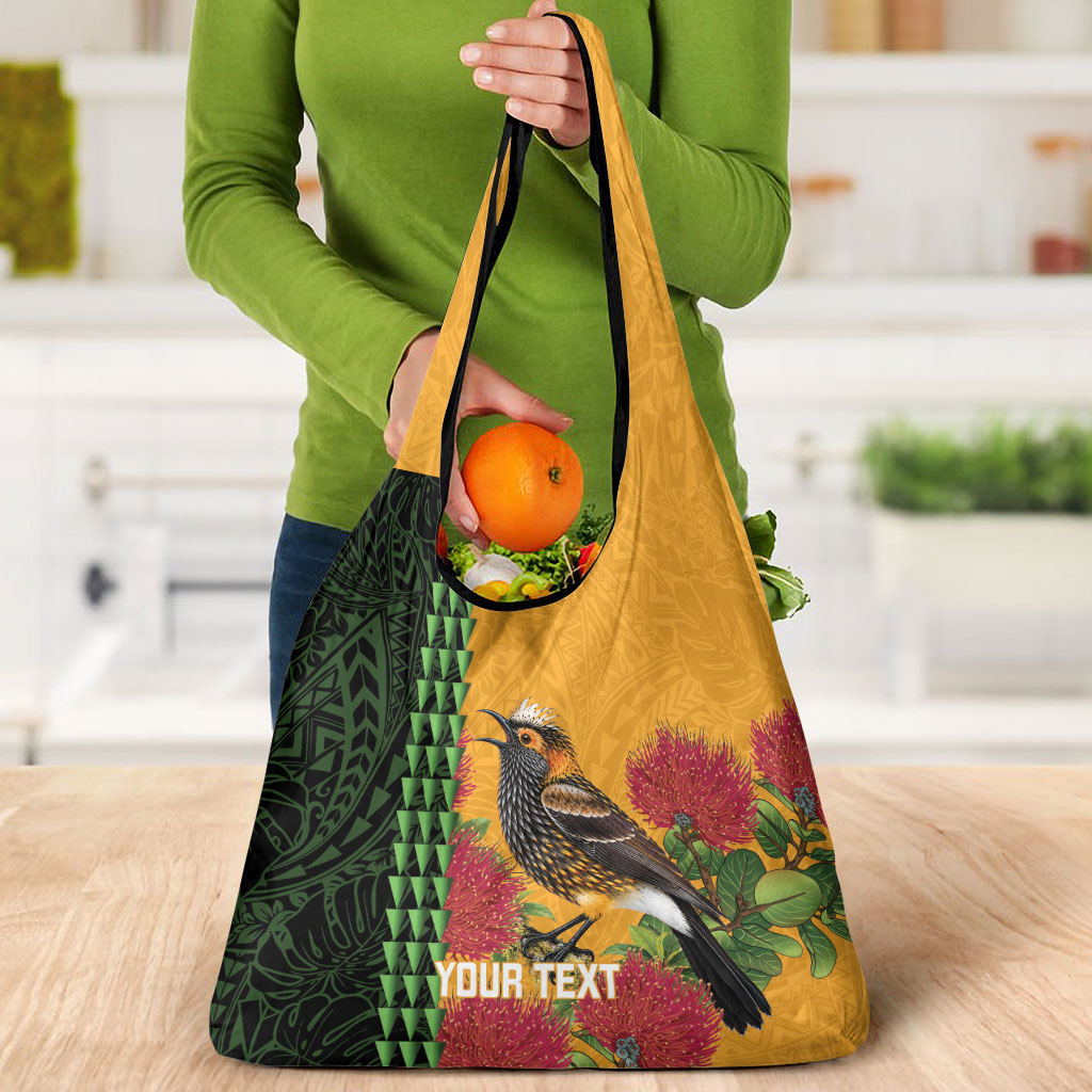 Personalized Hawaii Akohekohe Ohia Lehua Grocery Bag Crested Honeycreeper Kakau Hawaiian Pattern LT14 - Polynesian Pride