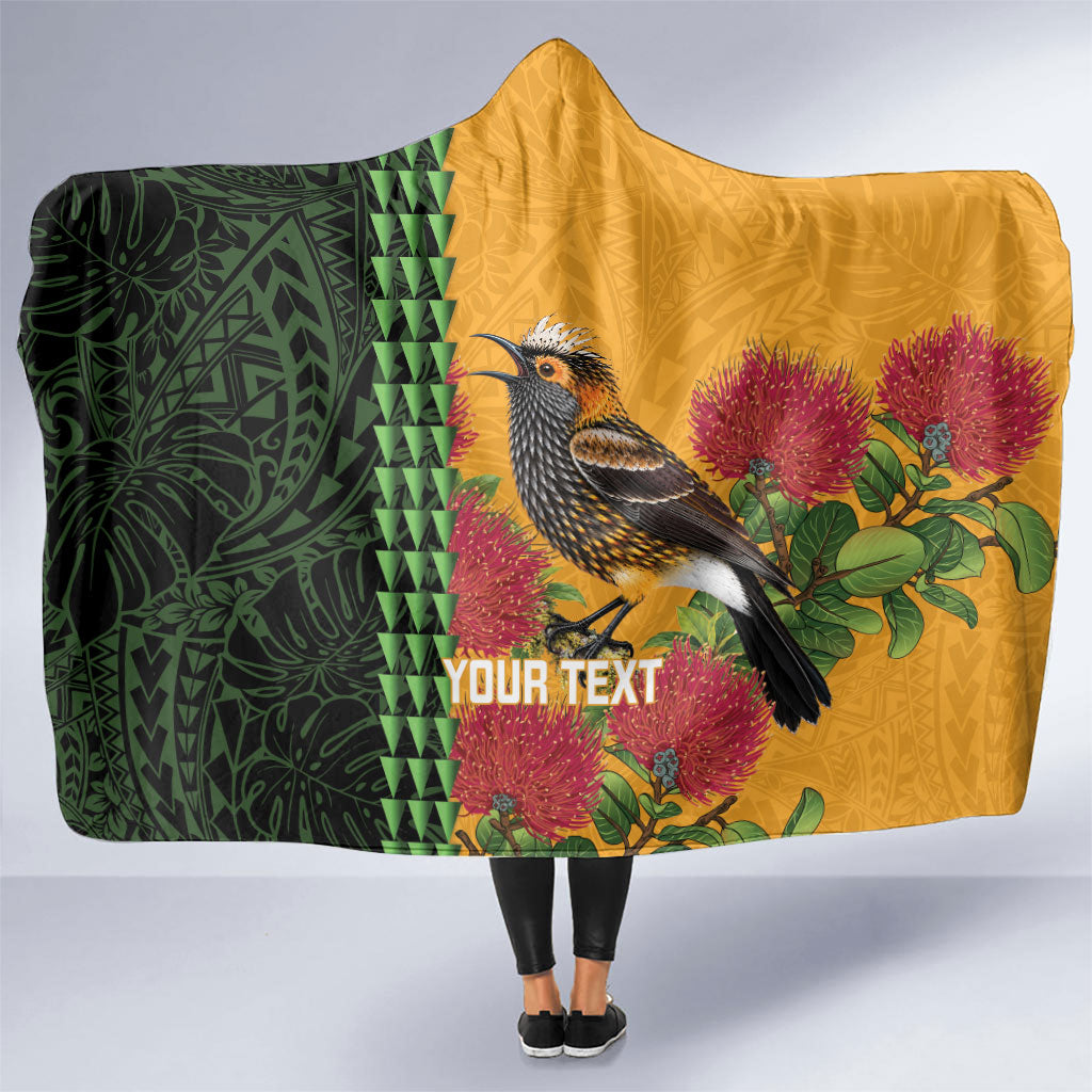 Personalized Hawaii Akohekohe Ohia Lehua Hooded Blanket Crested Honeycreeper Kakau Hawaiian Pattern
