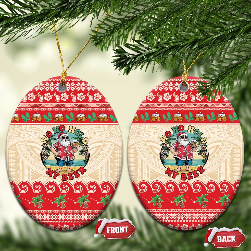 Mele Kalikimaka Hawaii Ceramic Ornament Funny Beer-Loving Santa Hawaiian Tropical LT14 Oval Red - Polynesian Pride