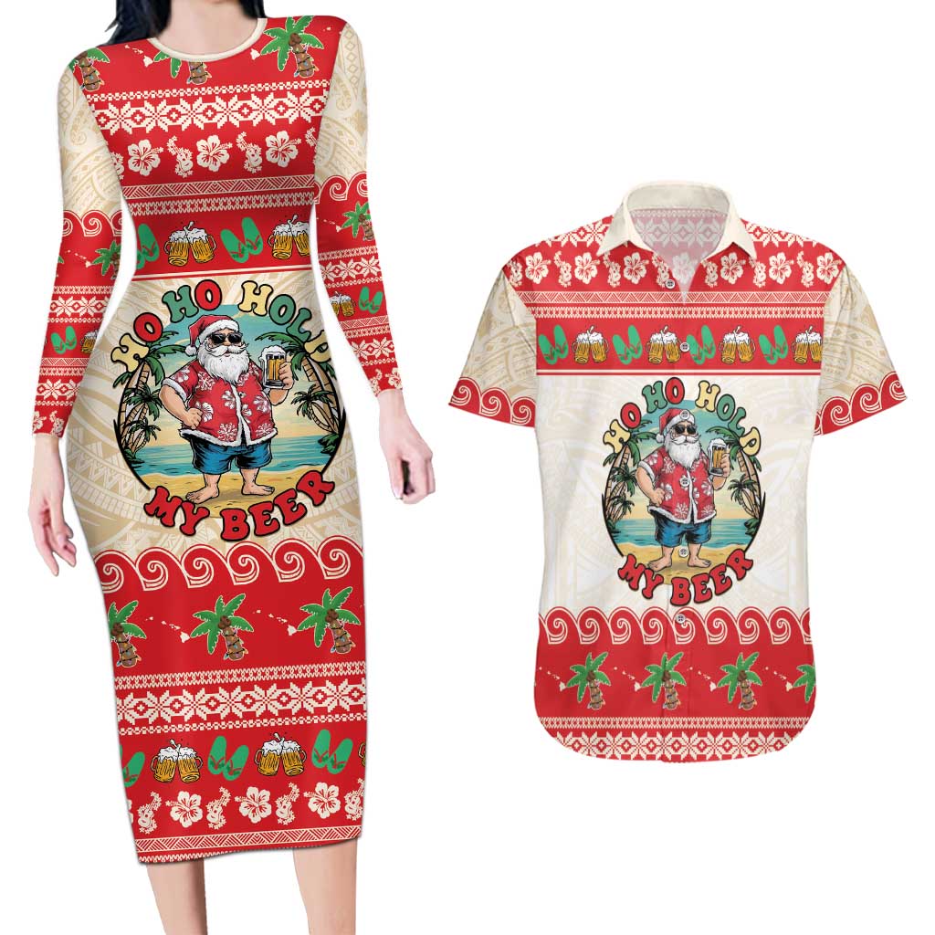 Mele Kalikimaka Hawaii Couples Matching Long Sleeve Bodycon Dress and Hawaiian Shirt Funny Beer-Loving Santa Hawaiian Tropical LT14 Red - Polynesian Pride