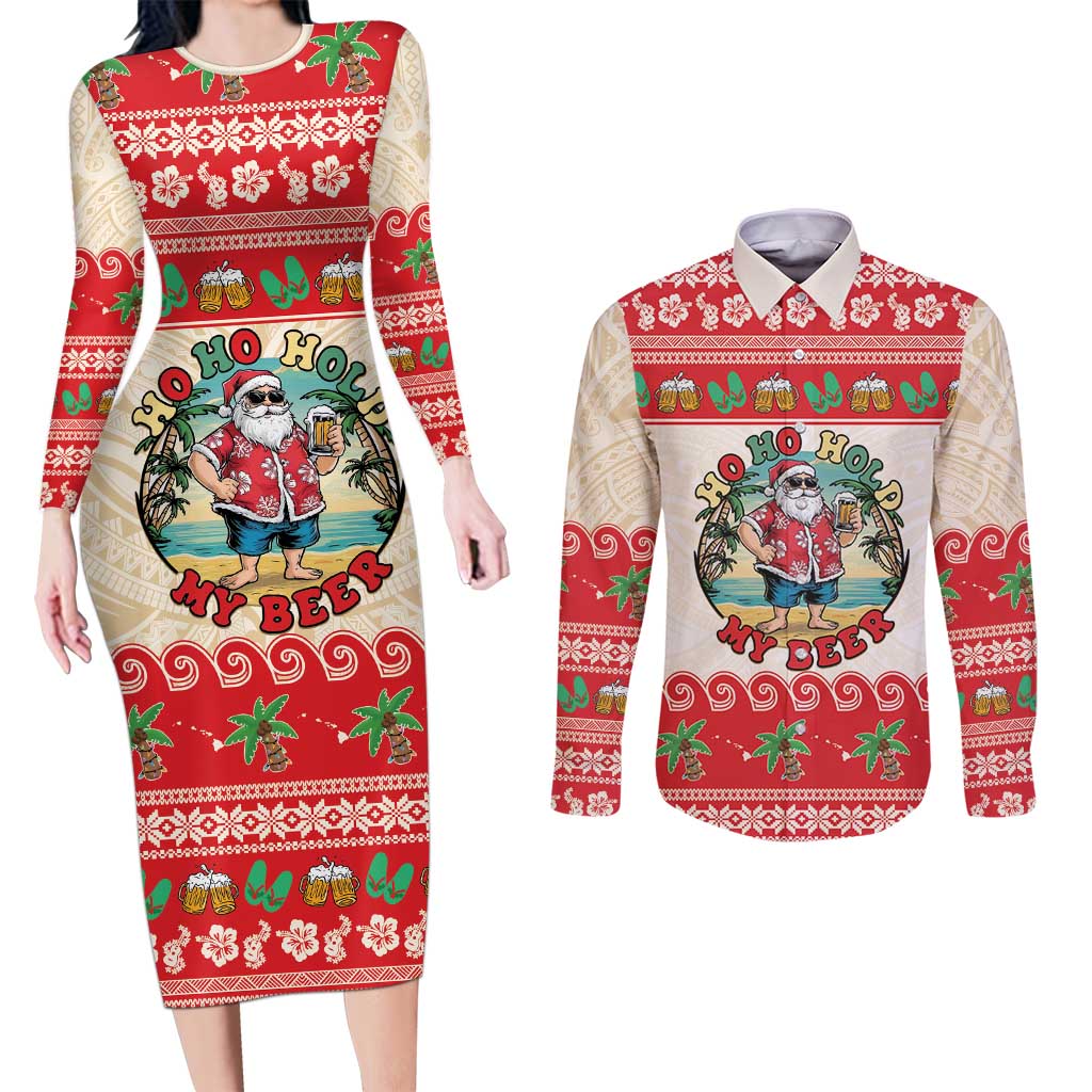 Mele Kalikimaka Hawaii Couples Matching Long Sleeve Bodycon Dress and Long Sleeve Button Shirt Funny Beer-Loving Santa Hawaiian Tropical LT14 Red - Polynesian Pride