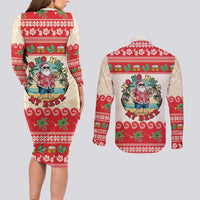 Mele Kalikimaka Hawaii Couples Matching Long Sleeve Bodycon Dress and Long Sleeve Button Shirt Funny Beer-Loving Santa Hawaiian Tropical LT14 - Polynesian Pride