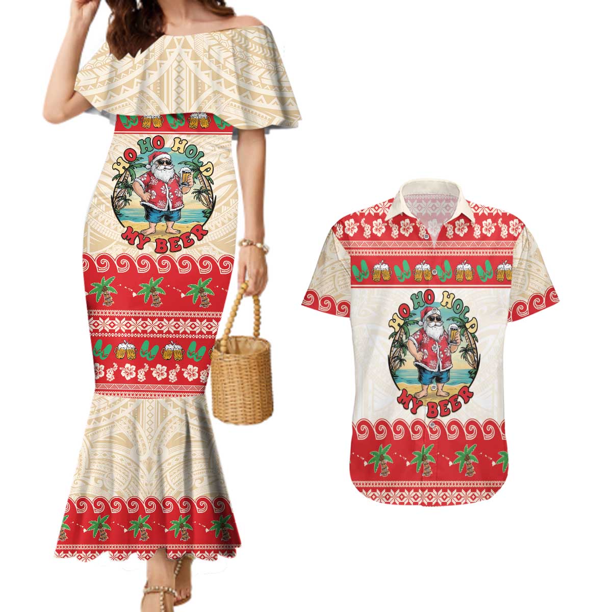 Mele Kalikimaka Hawaii Couples Matching Mermaid Dress and Hawaiian Shirt Funny Beer-Loving Santa Hawaiian Tropical LT14 Red - Polynesian Pride
