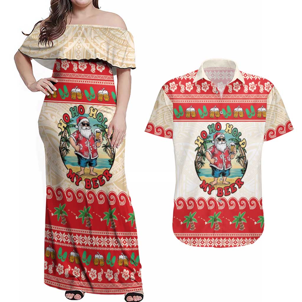 Mele Kalikimaka Hawaii Couples Matching Off Shoulder Maxi Dress and Hawaiian Shirt Funny Beer-Loving Santa Hawaiian Tropical LT14 Red - Polynesian Pride