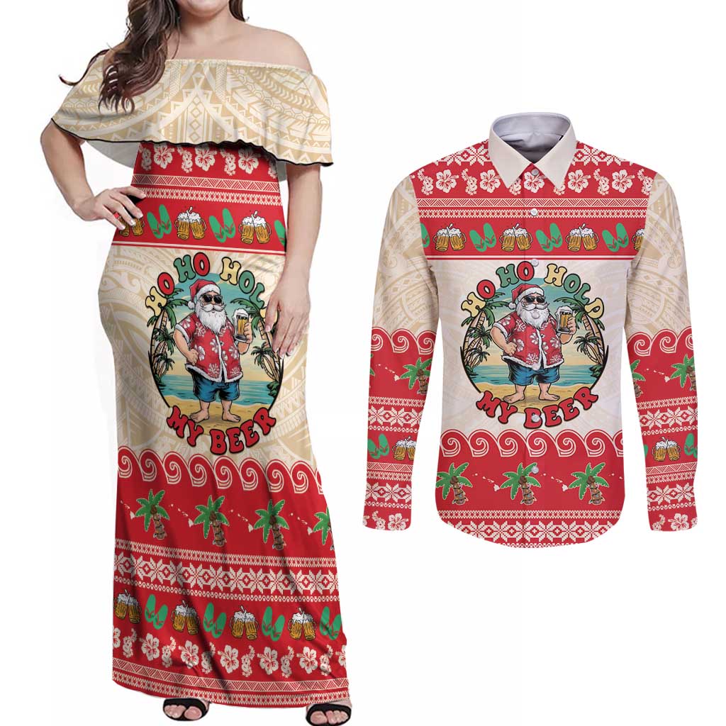 Mele Kalikimaka Hawaii Couples Matching Off Shoulder Maxi Dress and Long Sleeve Button Shirt Funny Beer-Loving Santa Hawaiian Tropical LT14 Red - Polynesian Pride