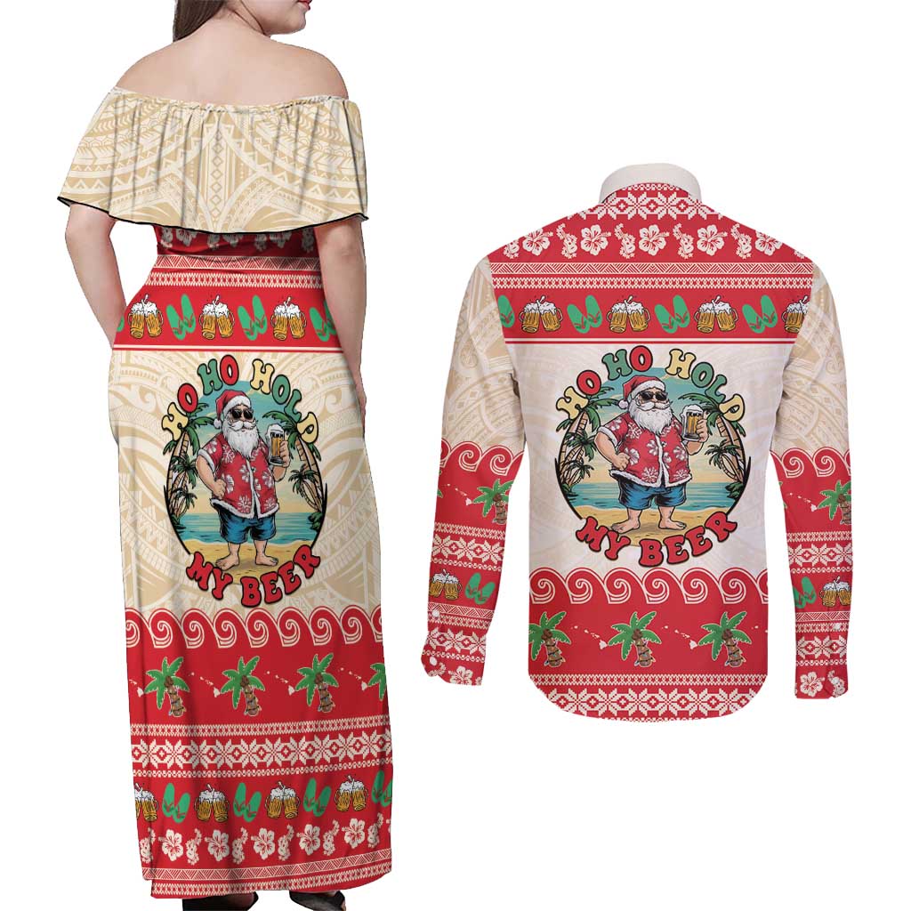 Mele Kalikimaka Hawaii Couples Matching Off Shoulder Maxi Dress and Long Sleeve Button Shirt Funny Beer-Loving Santa Hawaiian Tropical LT14 - Polynesian Pride