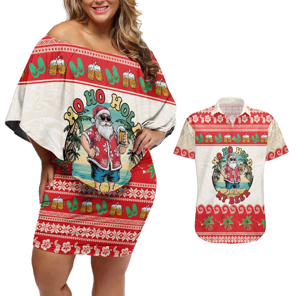 Mele Kalikimaka Hawaii Couples Matching Off Shoulder Short Dress and Hawaiian Shirt Funny Beer-Loving Santa Hawaiian Tropical LT14 Red - Polynesian Pride