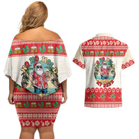 Mele Kalikimaka Hawaii Couples Matching Off Shoulder Short Dress and Hawaiian Shirt Funny Beer-Loving Santa Hawaiian Tropical LT14 - Polynesian Pride