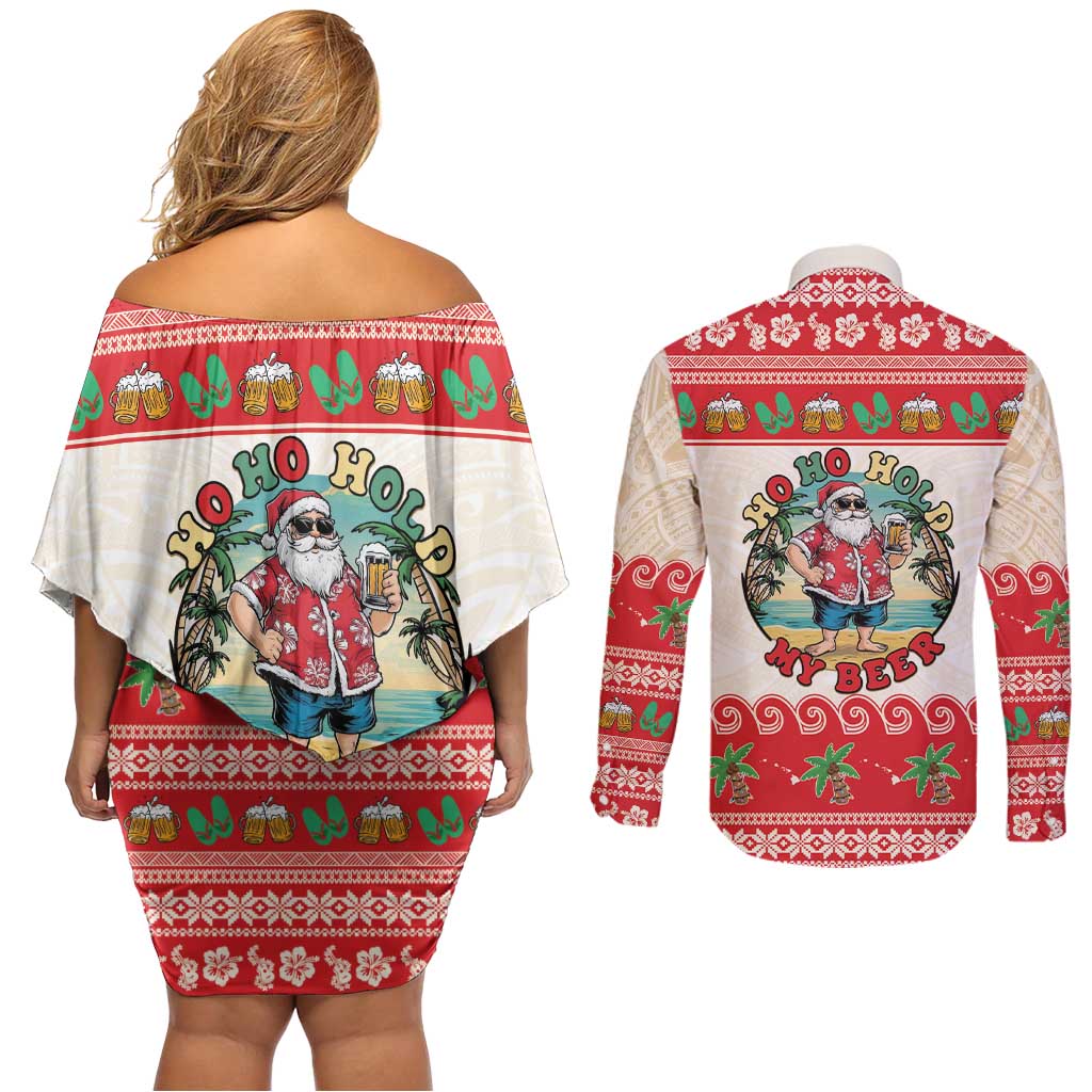 Mele Kalikimaka Hawaii Couples Matching Off Shoulder Short Dress and Long Sleeve Button Shirt Funny Beer-Loving Santa Hawaiian Tropical LT14 - Polynesian Pride