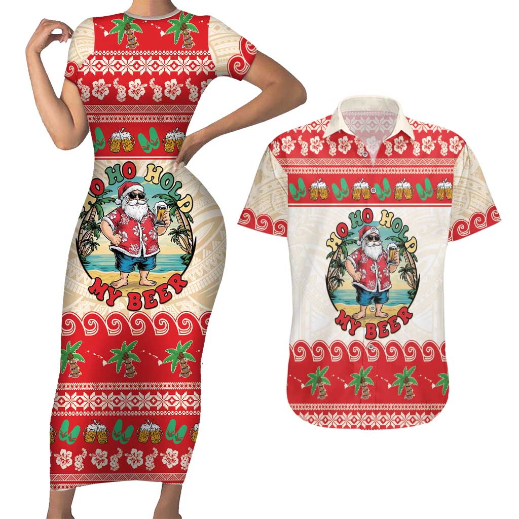 Mele Kalikimaka Hawaii Couples Matching Short Sleeve Bodycon Dress and Hawaiian Shirt Funny Beer-Loving Santa Hawaiian Tropical LT14 Red - Polynesian Pride