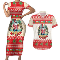 Mele Kalikimaka Hawaii Couples Matching Short Sleeve Bodycon Dress and Hawaiian Shirt Funny Beer-Loving Santa Hawaiian Tropical LT14 Red - Polynesian Pride
