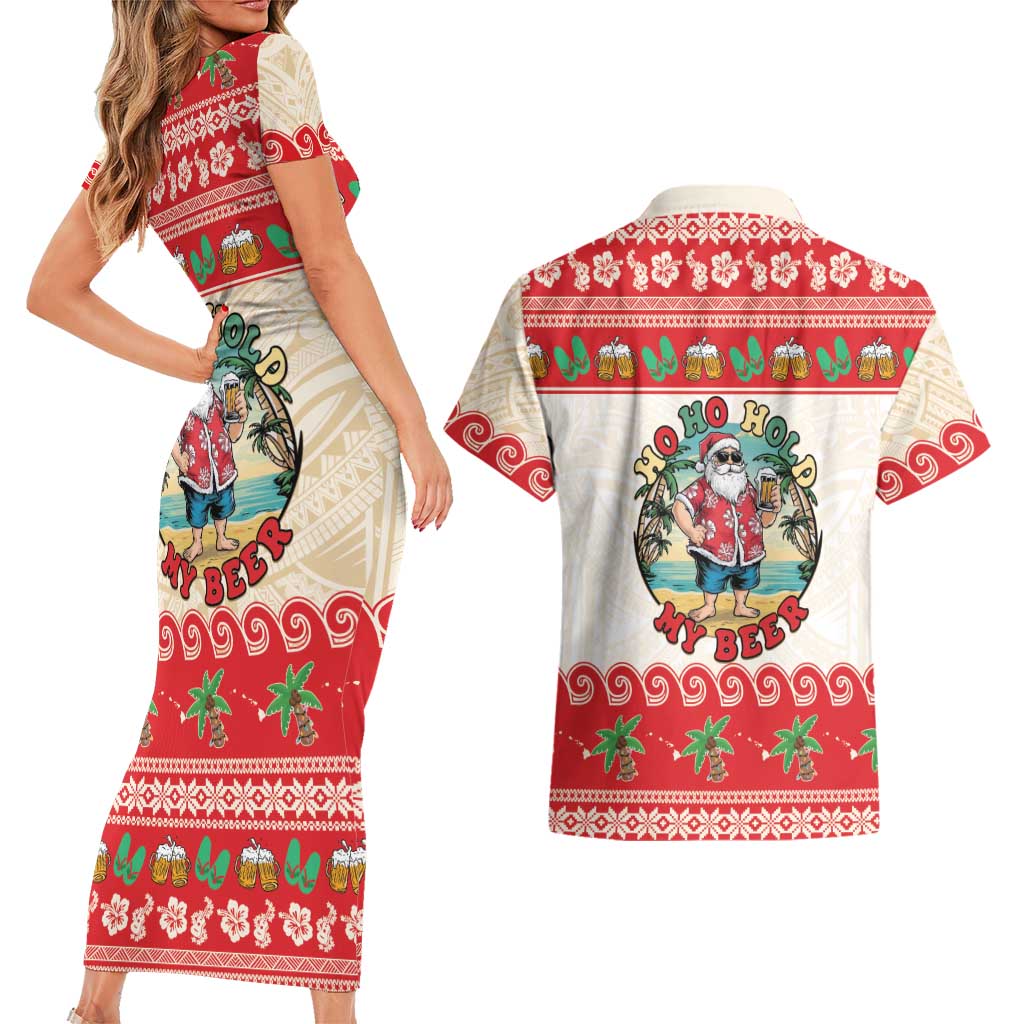 Mele Kalikimaka Hawaii Couples Matching Short Sleeve Bodycon Dress and Hawaiian Shirt Funny Beer-Loving Santa Hawaiian Tropical LT14 - Polynesian Pride