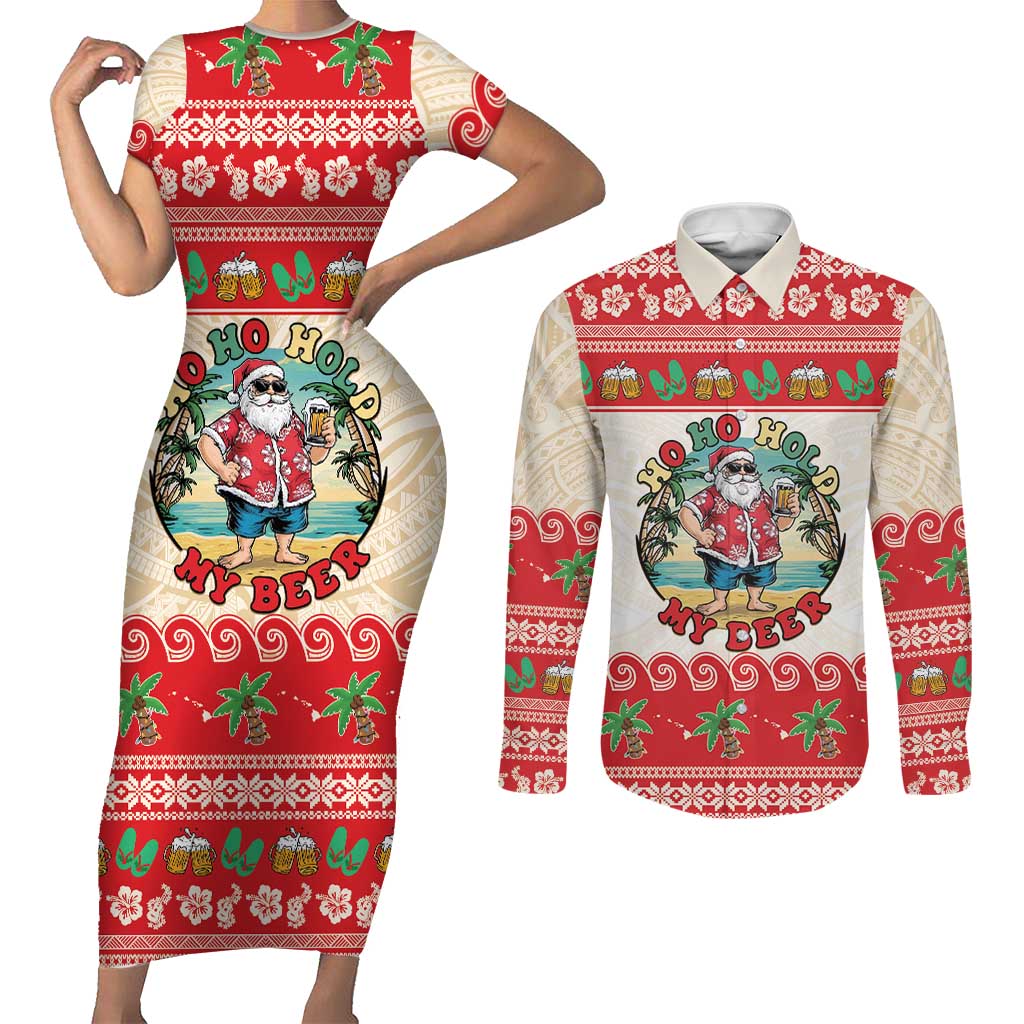 Mele Kalikimaka Hawaii Couples Matching Short Sleeve Bodycon Dress and Long Sleeve Button Shirt Funny Beer-Loving Santa Hawaiian Tropical LT14 Red - Polynesian Pride