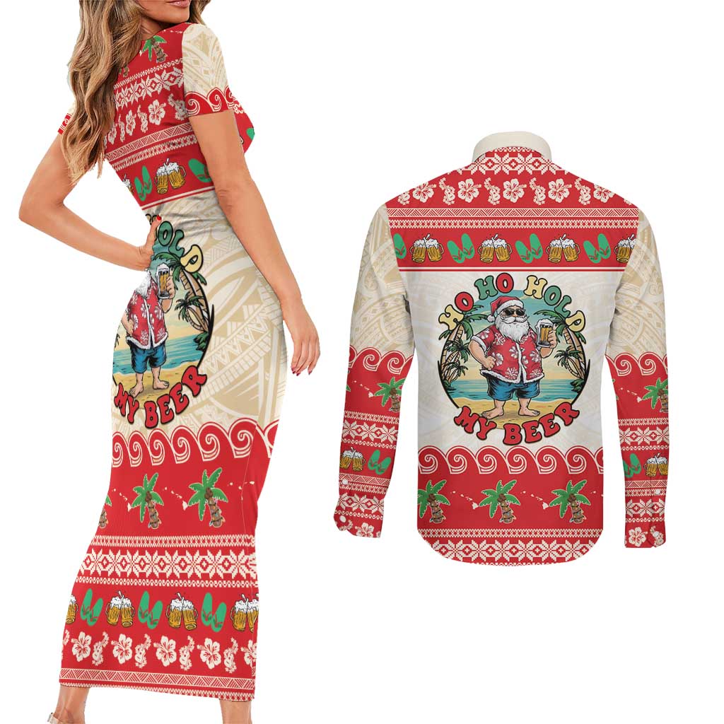 Mele Kalikimaka Hawaii Couples Matching Short Sleeve Bodycon Dress and Long Sleeve Button Shirt Funny Beer-Loving Santa Hawaiian Tropical LT14 - Polynesian Pride